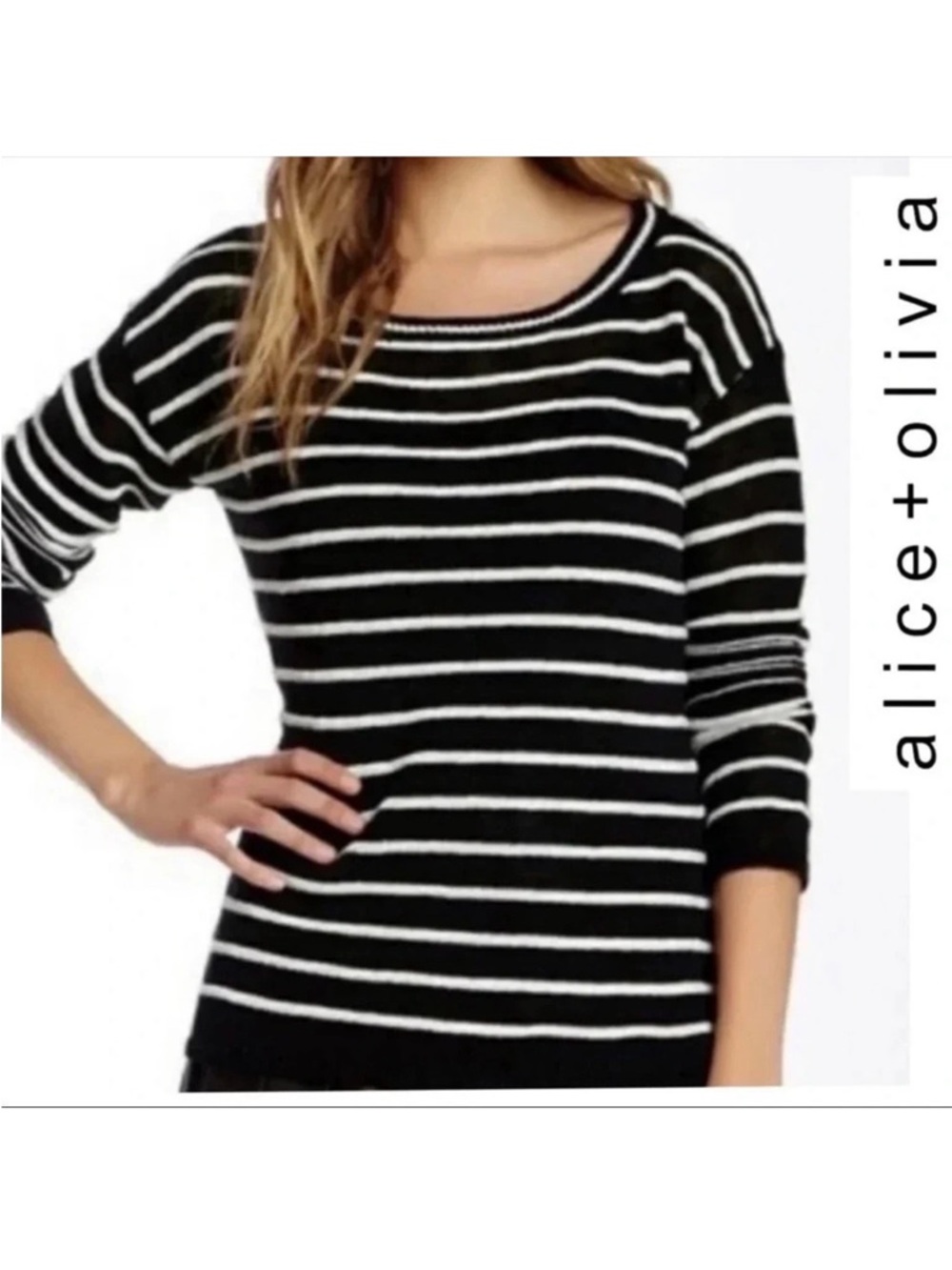 Alice+Olivia Ottoman Linen Blend Striped Sweater Black/White Round Neck Size XS